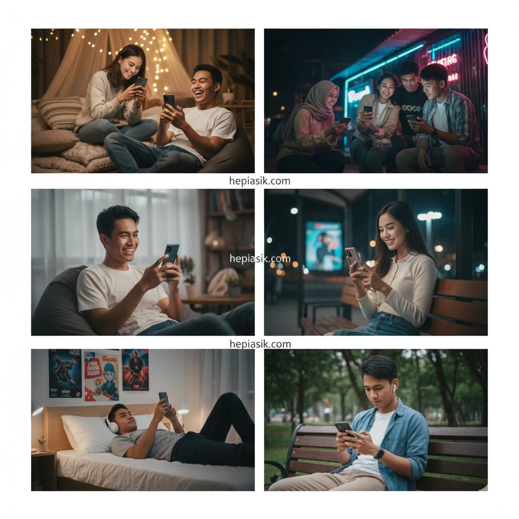 Anak muda aktif fokus mengonsumsi konten video pendek populer di smartphone