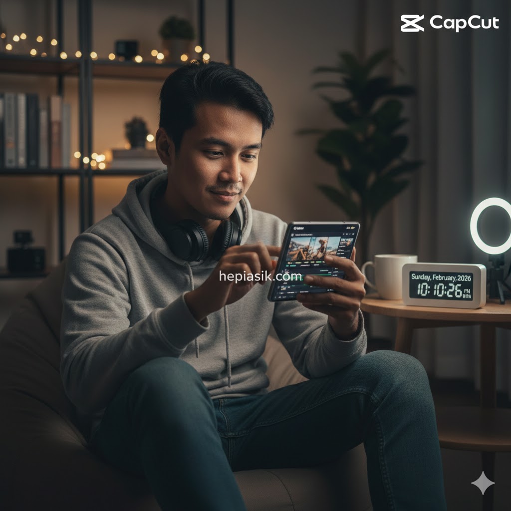 Seorang pemuda aktif sedang mengedit video cinematic menggunakan aplikasi terbaru di smartphone modern
